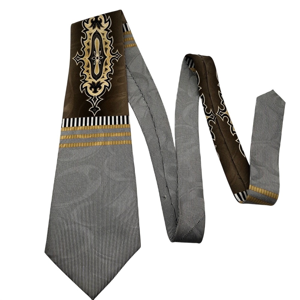 Rapheala 100% Silk Tie Brown Black White Stripe Ornate Pattern‎ Men's Necktie
